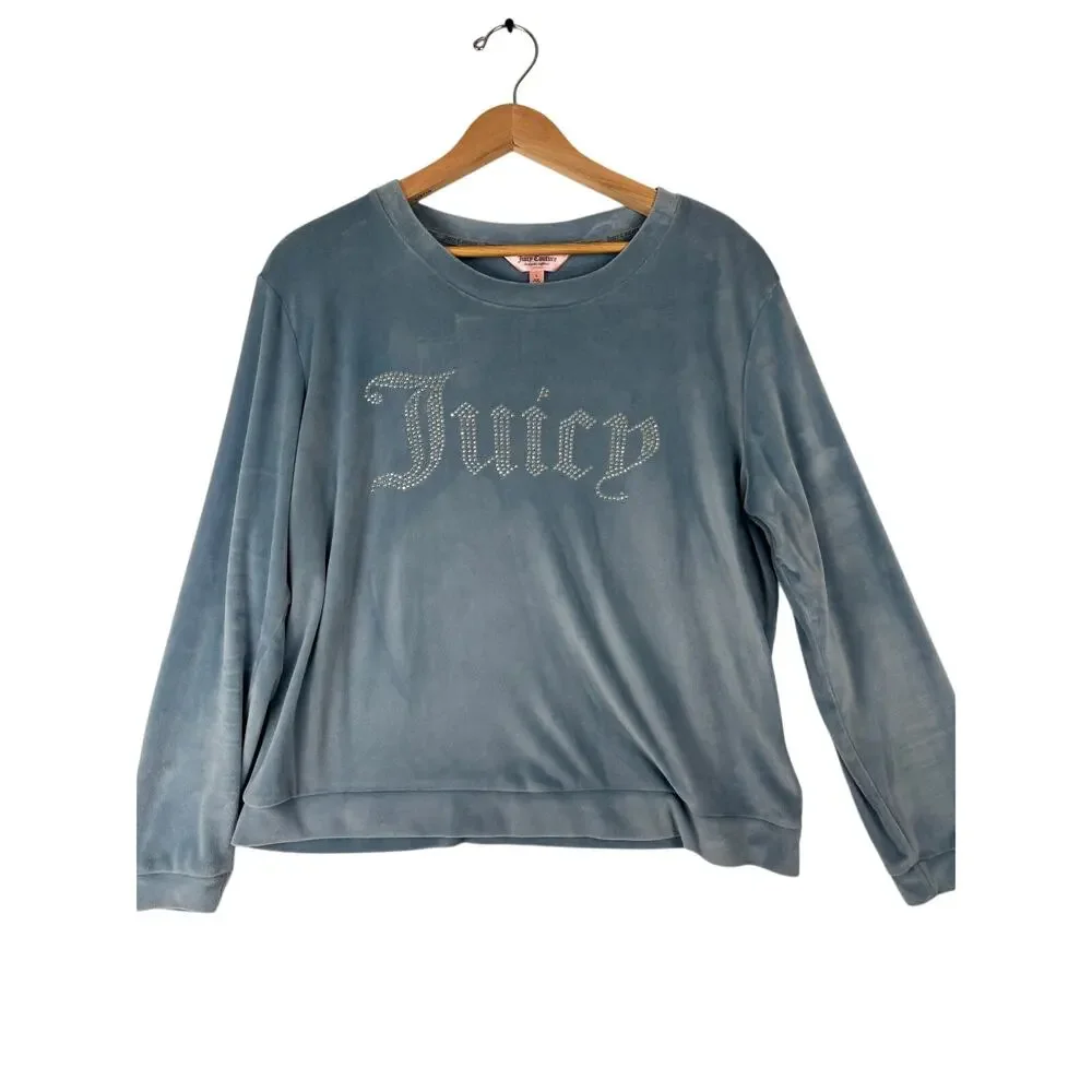 Juicy Couture Velour Pajama Set Sz Large Blue Rhinestone Logo Loungewear